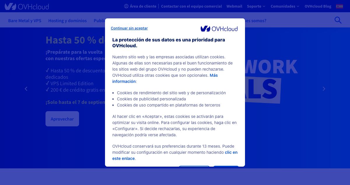 Homepage of OVH Hispano hosting