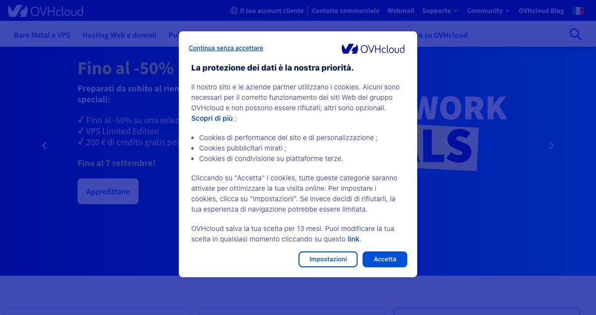 Homepage of OVH Italia hosting