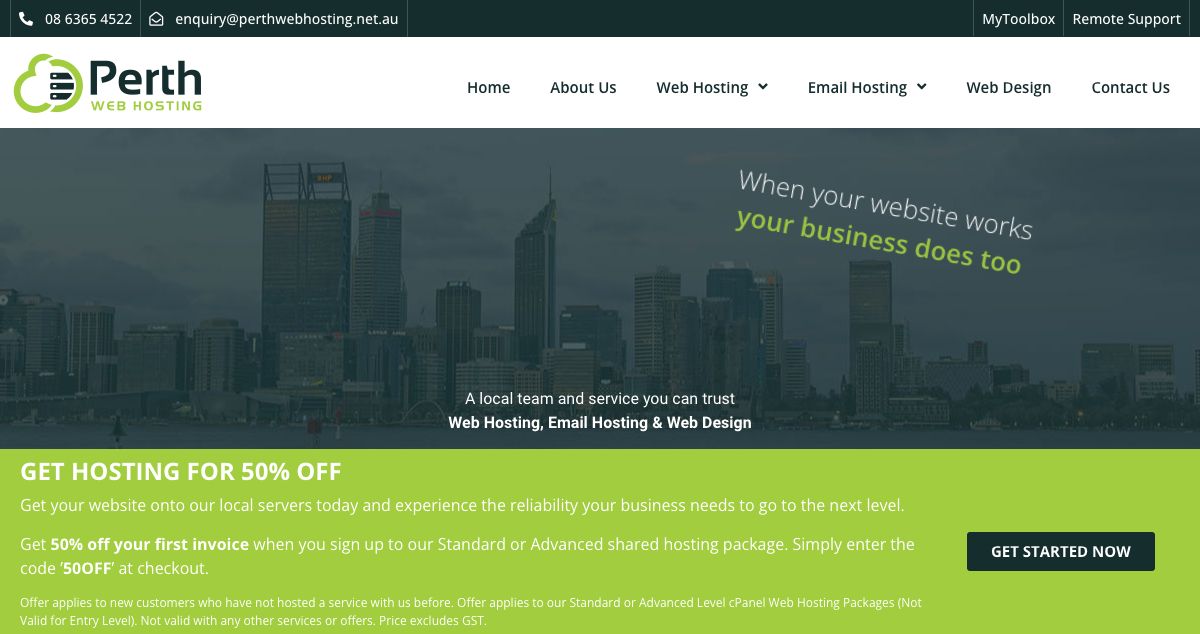 Homepage of Perth Web Hosting hosting