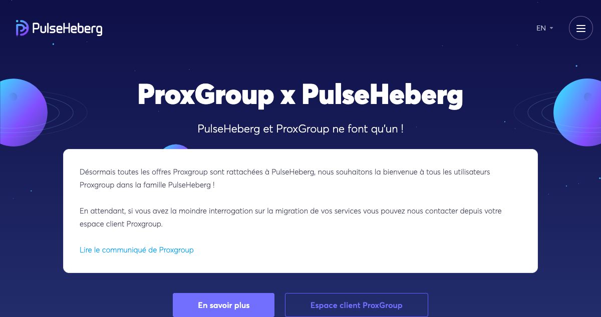 Homepage of ProxGroup hosting