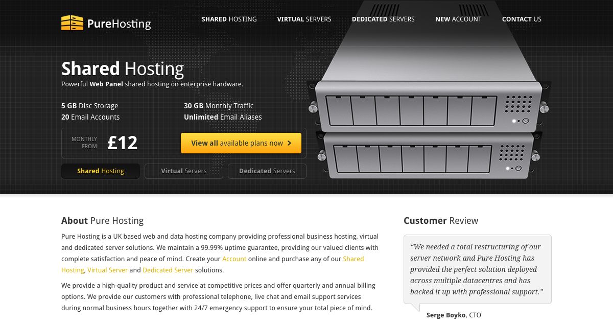 Homepage of Pure Hosting hosting