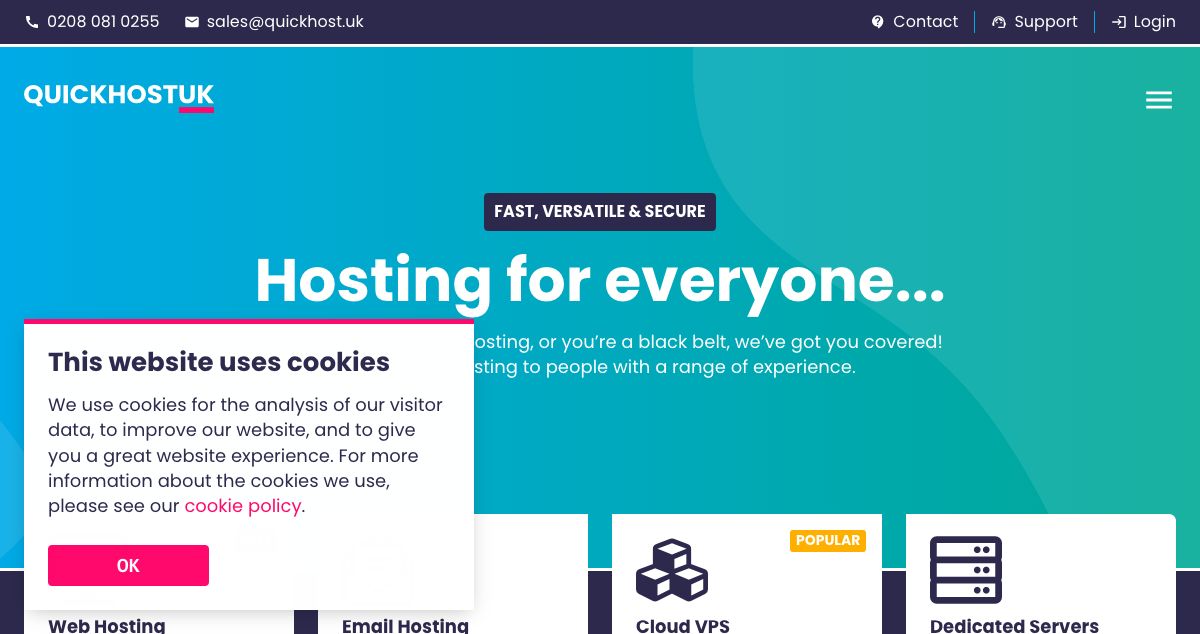 Homepage of QuickHostUK hosting