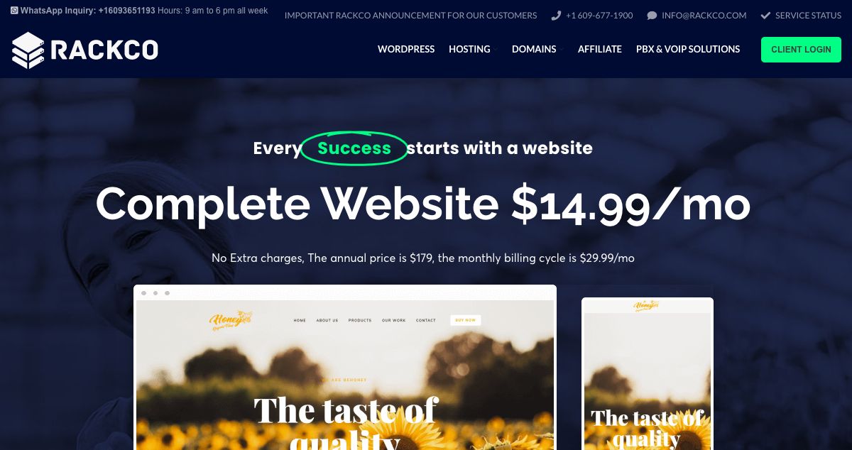 Homepage of Rackco hosting