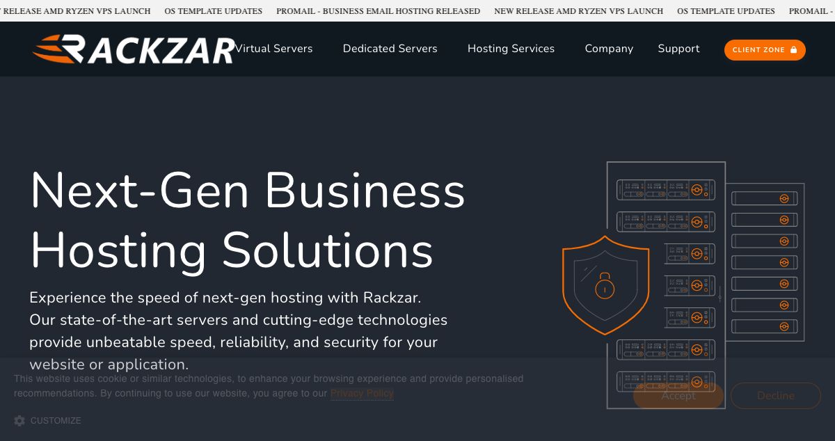 Homepage of Rackzar hosting