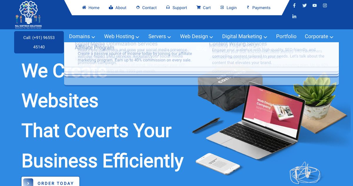 Homepage of Raj Softech Solutions hosting