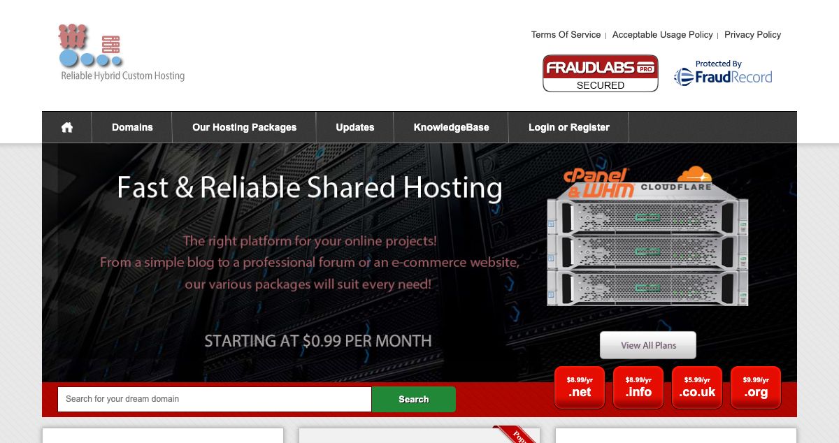 Homepage of RHC Hosting hosting