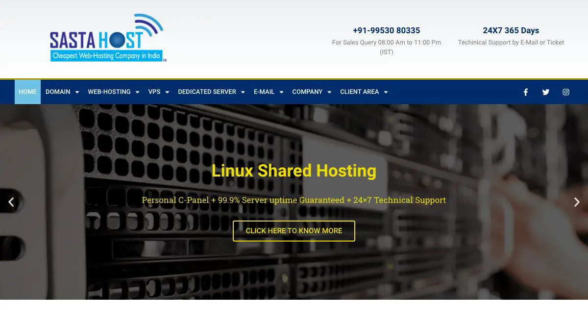 Homepage of SastaHost hosting
