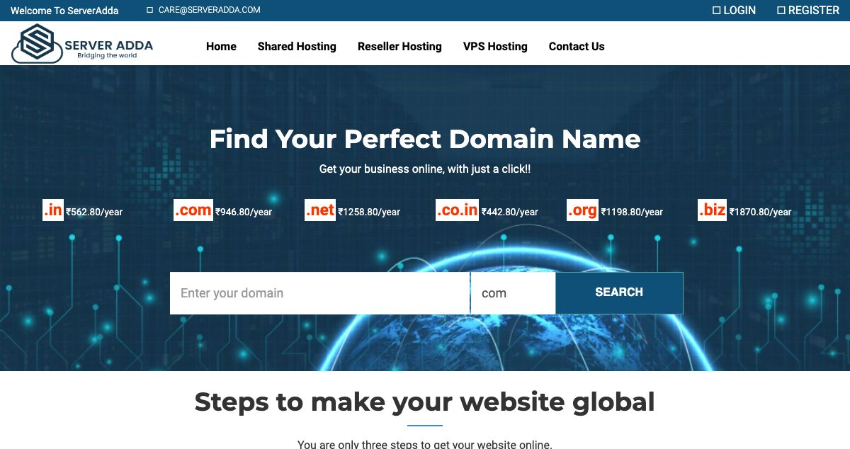 Homepage of ServerAdda, Inc. hosting