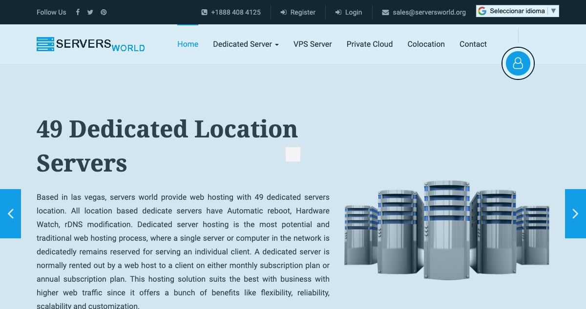 Homepage of Servers World hosting