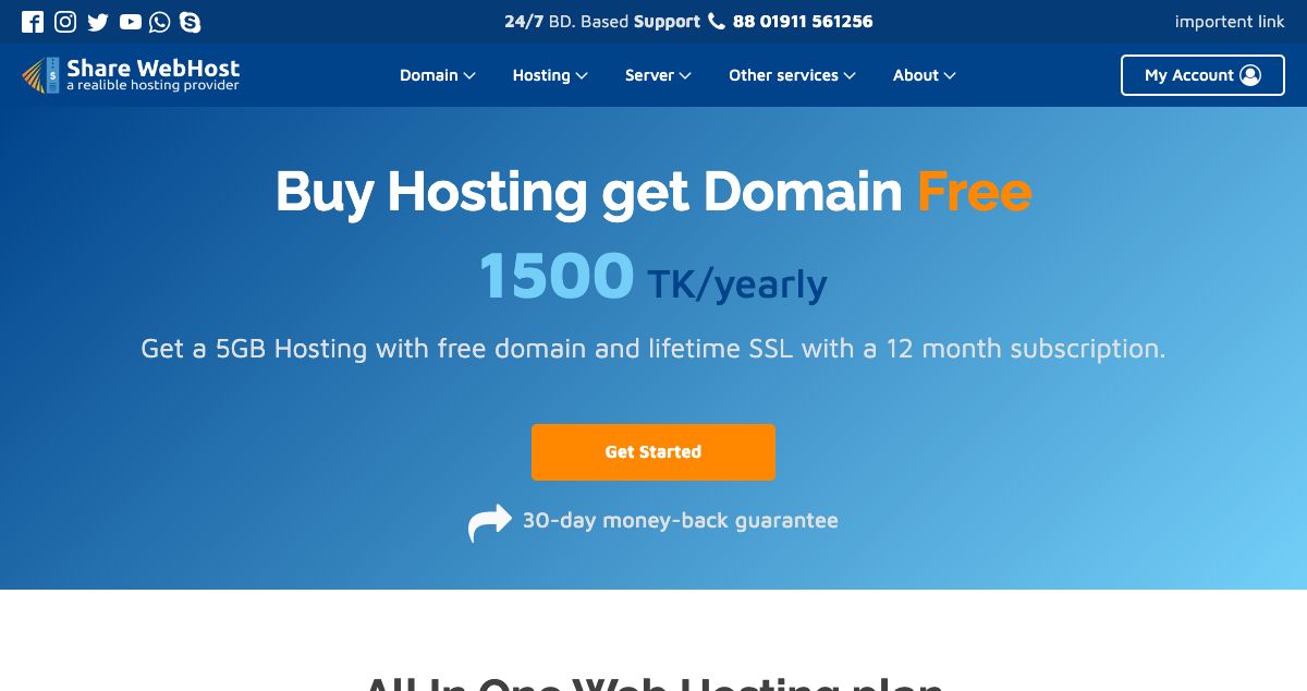 Homepage of ShareWebHost hosting