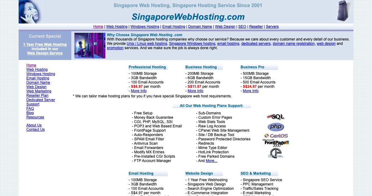 Homepage of Singapore Web Hosting hosting