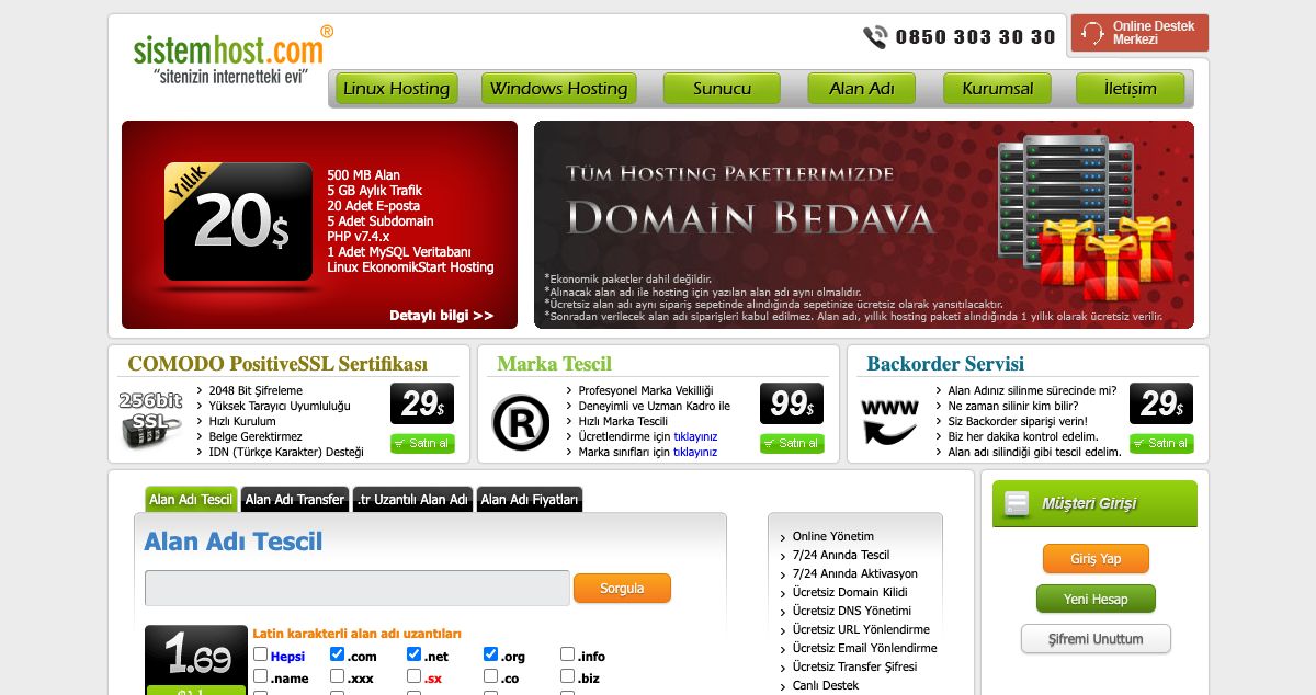 Homepage of SistemHost hosting