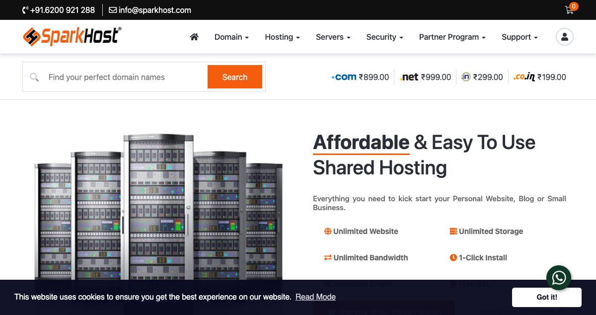 Homepage of SparkHost hosting