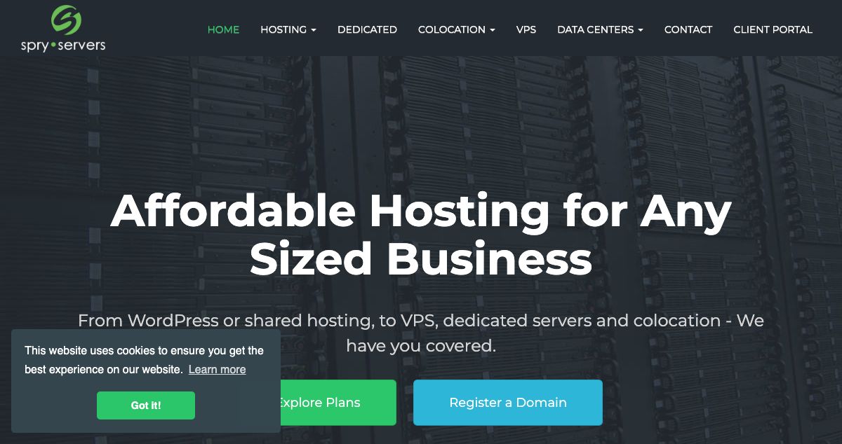 Homepage of Spry Servers hosting