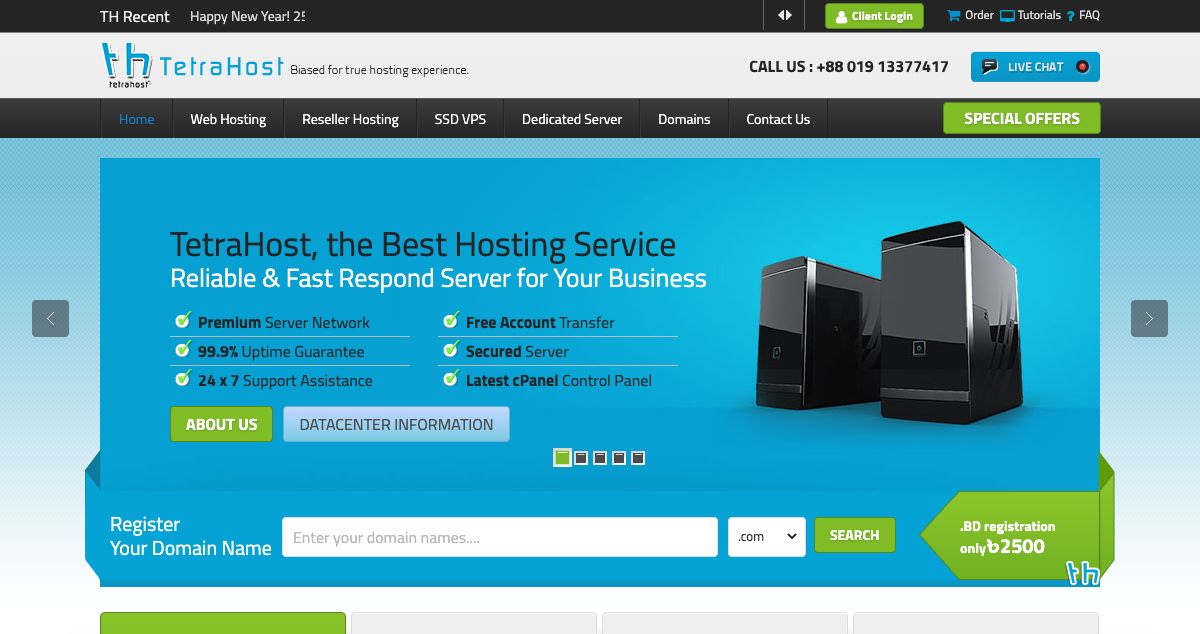 Homepage of TetraHost hosting