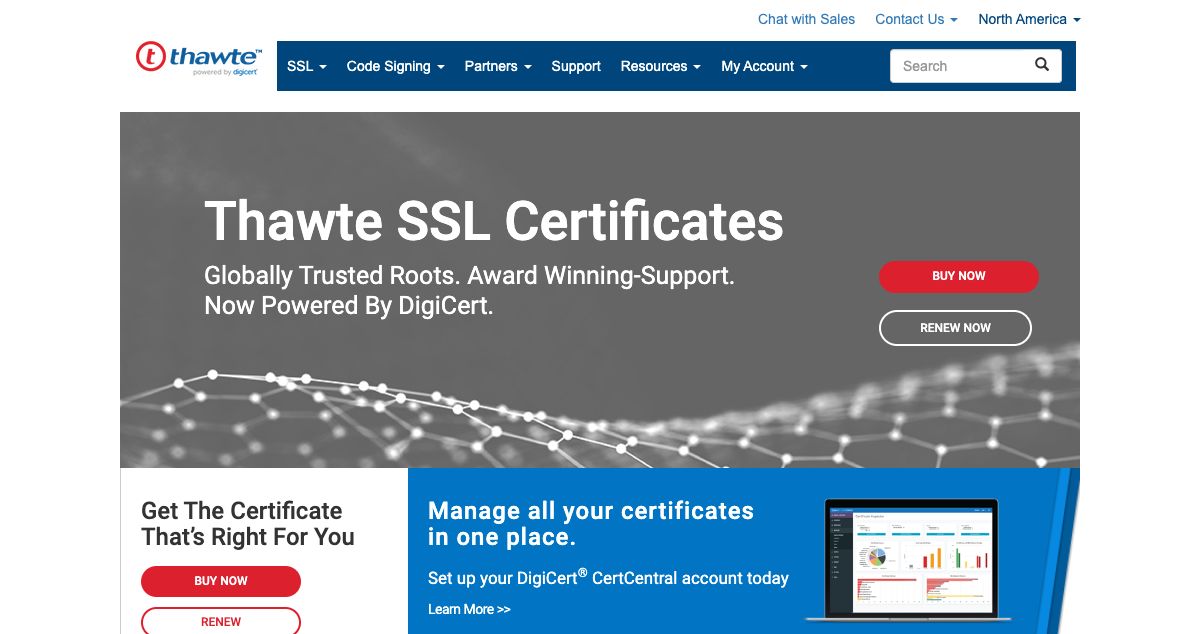 Homepage of Thawte® hosting