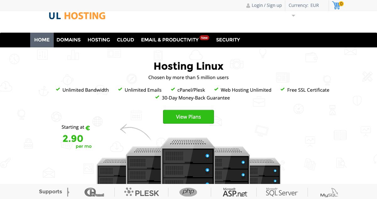 Homepage of UL Hosting hosting