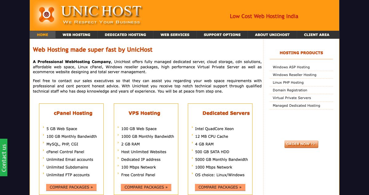 Homepage of UnicHost hosting