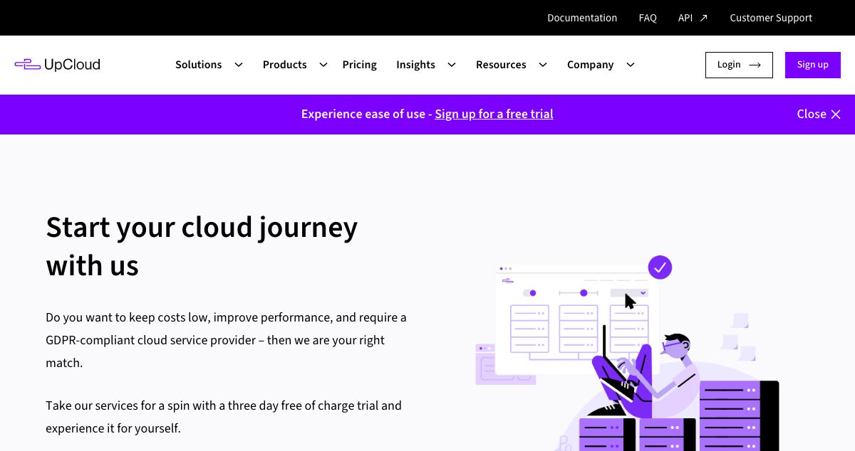 Homepage of UpCloud hosting