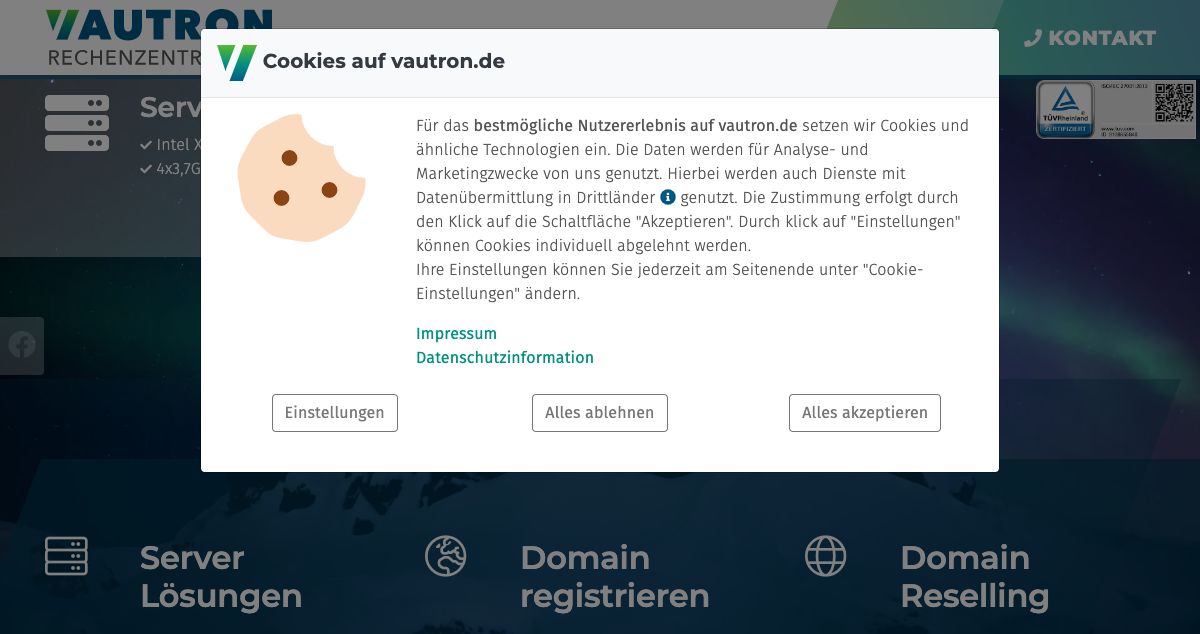 Homepage of Vautron Rechenzentrum AG hosting