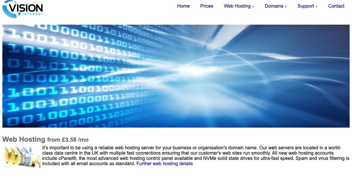 Homepage of Vision hosting