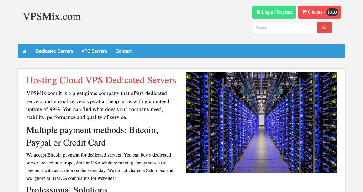 Homepage of VPSMix Company Inc hosting