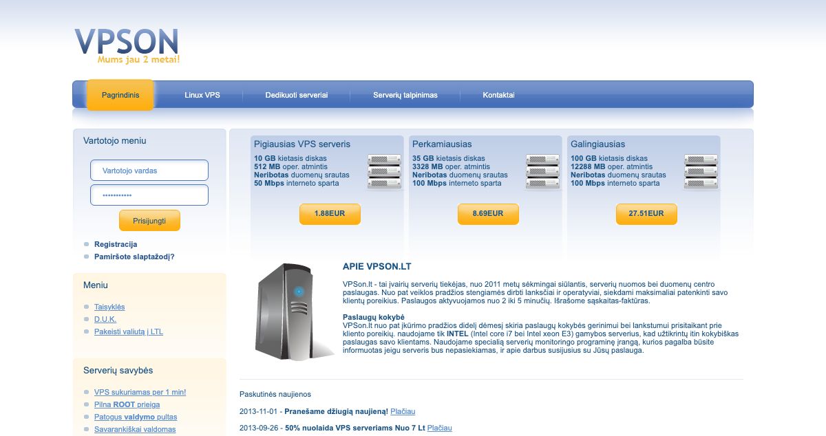 Homepage of VPSon.lt hosting