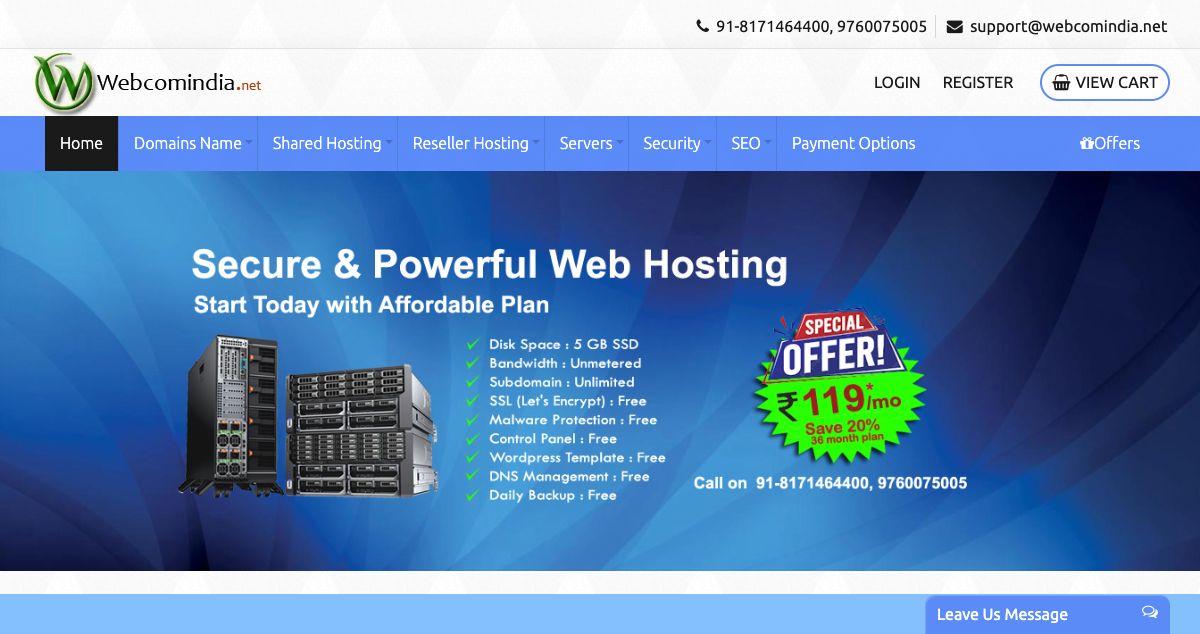 Homepage of Webcom Systems hosting