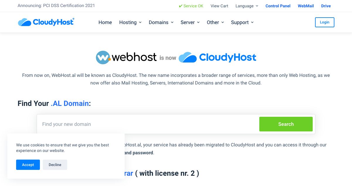 Homepage of WebHost.al hosting