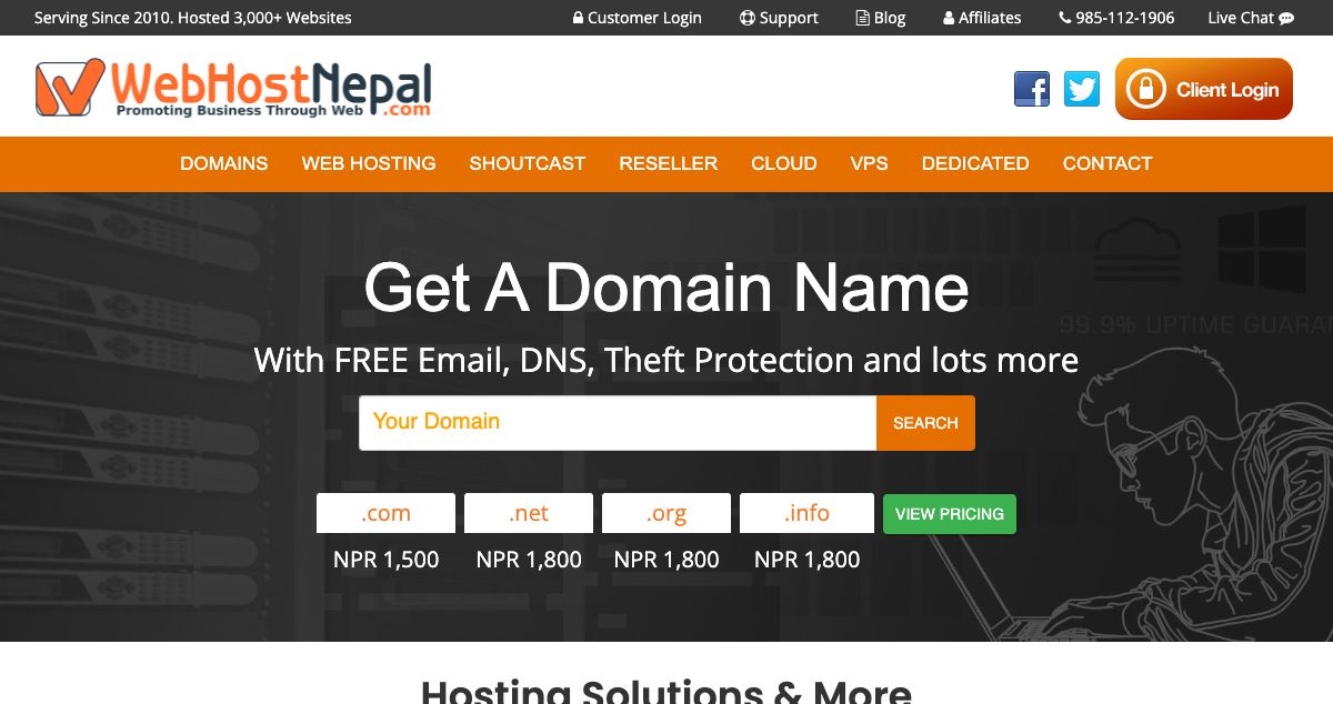 Homepage of WebHostNepal Dot Com hosting