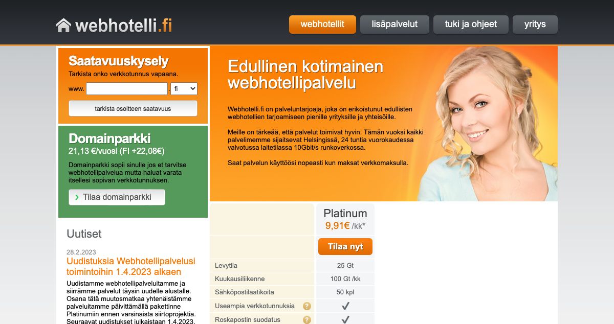 Homepage of Webhotelli.fi hosting