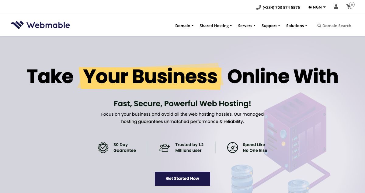 Homepage of Webmable Africa hosting