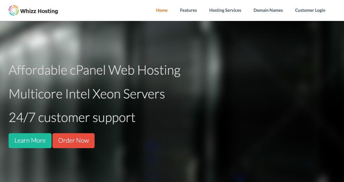 Homepage of Whizz Hosting hosting