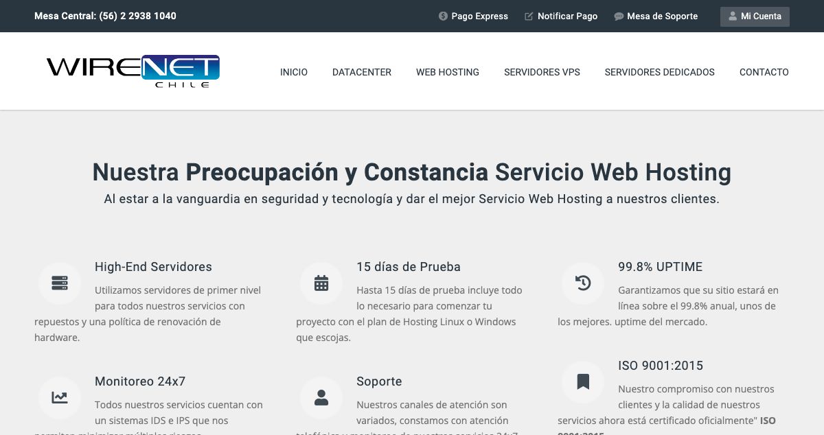 Homepage of WireNet Chile hosting