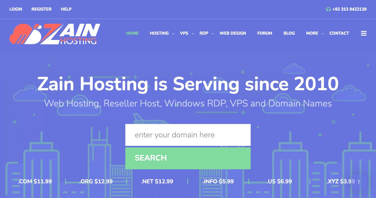 Homepage of Zain Hosting hosting