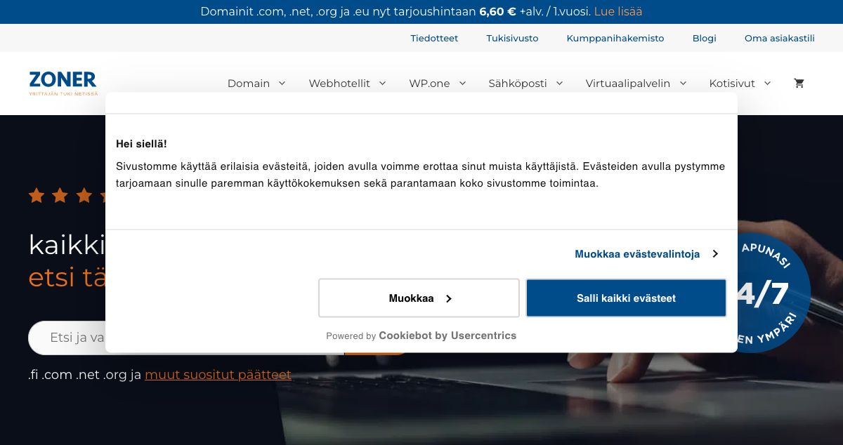 Homepage of Zoner.fi hosting