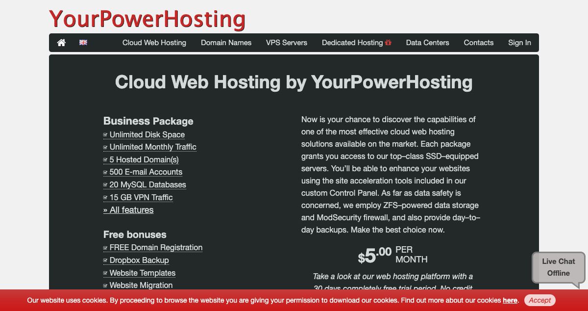 Homepage of YourPowerHosting hosting