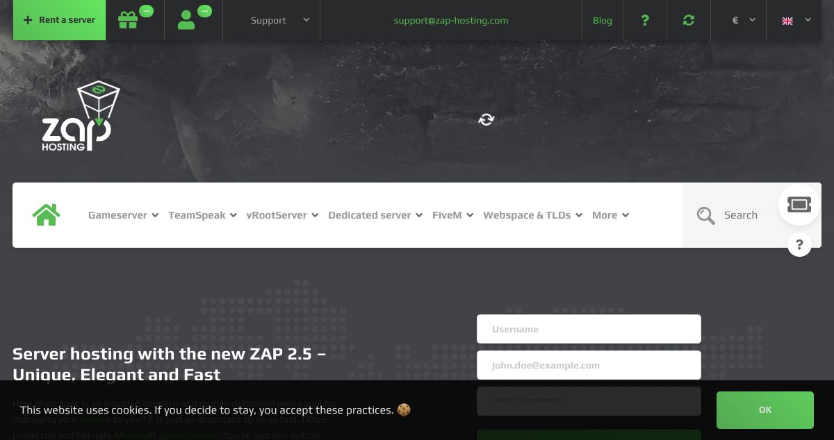 Homepage of ZAP-Hosting.com hosting